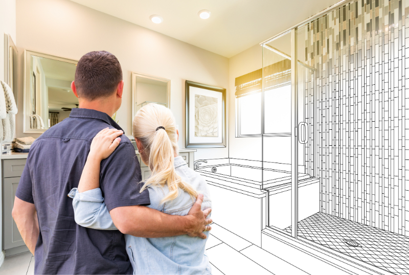 Couple Facing Bathroom Drawing Gradating To Photo